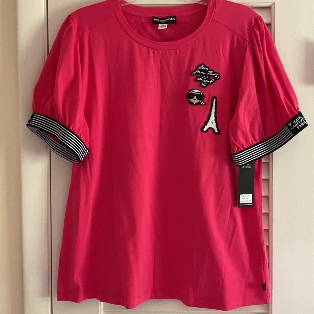 NWT KARL LAGERFELD Raspberry Embroidered Logo Design Woman T-Shirt Size US L